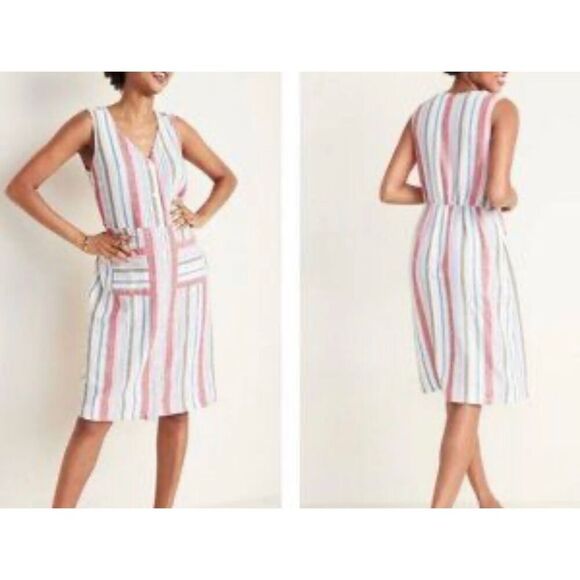 Old Navy striped linen blend pocket front dress small - Picture 2 of 10